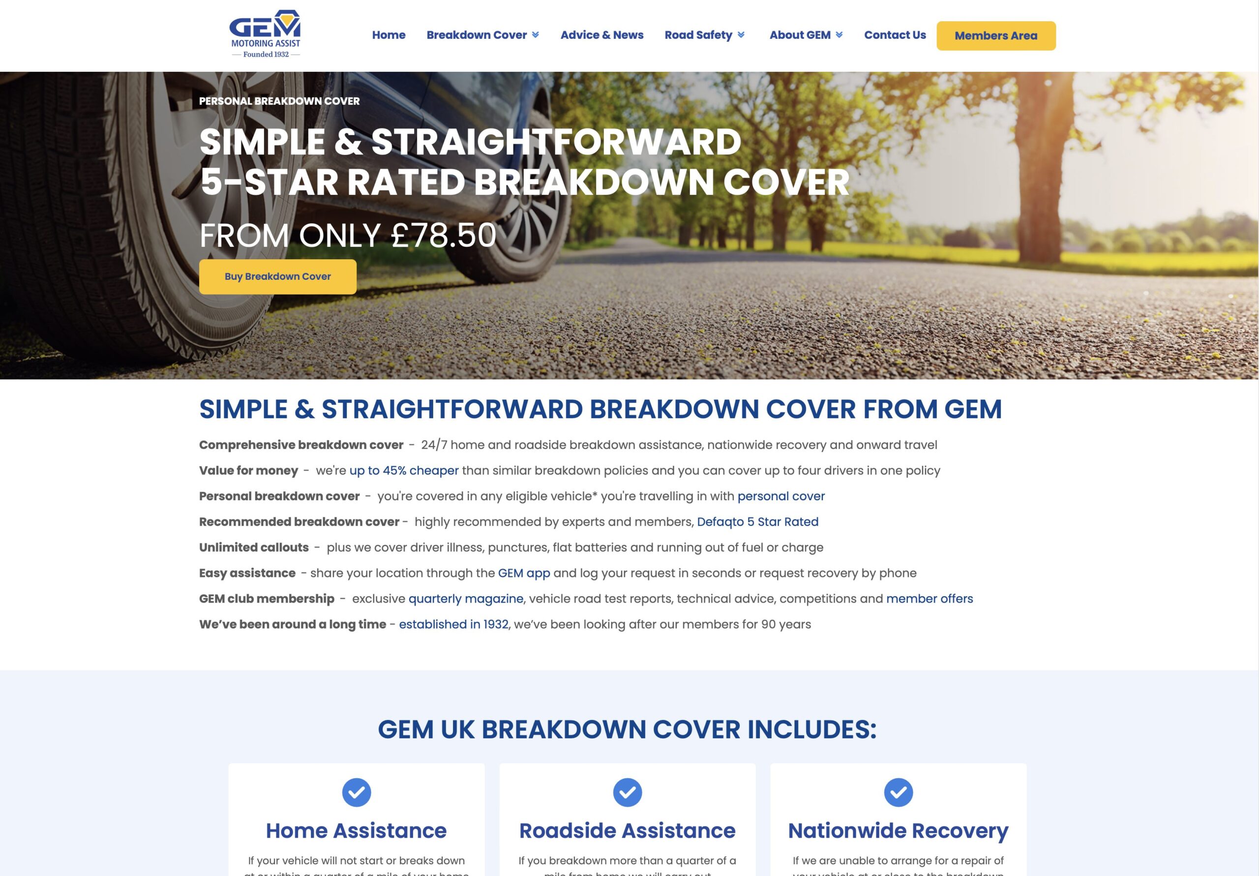 gem motoring assist breakdown cover page